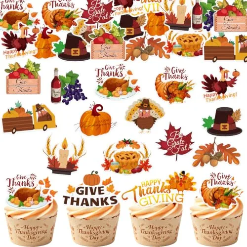 56PCS Edible Happy Thanksgiving Day Cupcake Toppers Wafer Paper Thanksgiving Cake Decorations Edible Turkey Cupcake Picks for Autumn Thanksgiving Party Birthday Decor Supplies