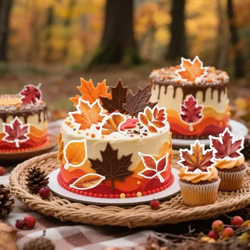 45PCS Edible Fall Leaves Cupcake Toppers Wafer Paper Autumn Maple Leaves Cake Decorations Edible Ginkgo Leaf Cupcake Picks for Autumn Thanksgiving Party Birthday Decor Supplies (Multi 1)