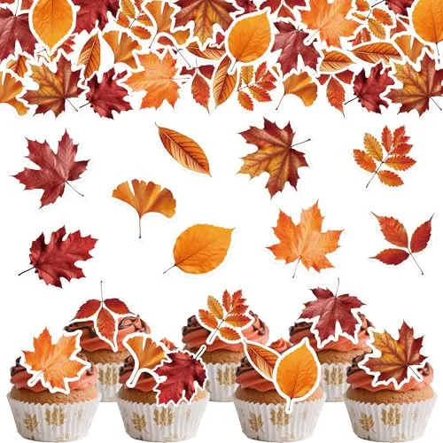 45PCS Edible Fall Leaves Cupcake Toppers Wafer Paper Autumn Maple Leaves Cake Decorations Edible Ginkgo Leaf Cupcake Picks for Autumn Thanksgiving Party Birthday Decor Supplies (Multi 1)