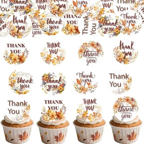 36PCS Edible Fall Leaves Thaank You Cupcake Toppers Wafer Paper Autumn Maple Leaves Cake Decorations Edible Thanksgiving Cupcake Picks for Autumn Party Birthday Decor Supplies