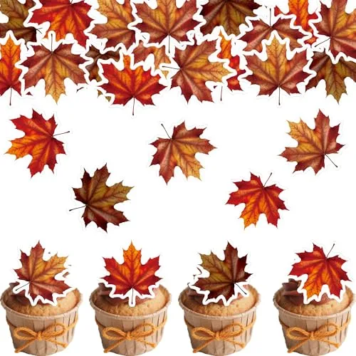 45PCS Edible Fall Leaves Cupcake Toppers Wafer Paper Autumn Maple Leaves Cake Decorations Edible Ginkgo Leaf Cupcake Picks for Autumn Thanksgiving Party Birthday Decor Supplies (Brown)