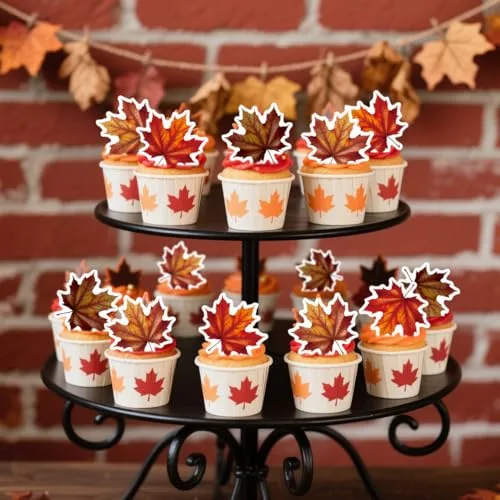 45PCS Edible Fall Leaves Cupcake Toppers Wafer Paper Autumn Maple Leaves Cake Decorations Edible Ginkgo Leaf Cupcake Picks for Autumn Thanksgiving Party Birthday Decor Supplies (Brown)