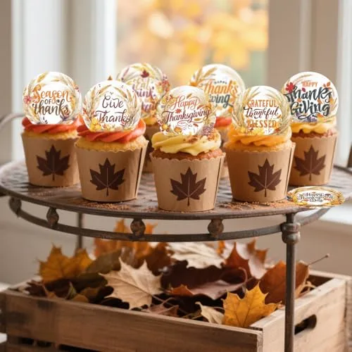 36PCS Edible Happy Fall Day Cupcake Toppers Wafer Paper Give Thanks Cake Decorations Edible Autumn Leaves Cupcake Picks for Autumn Party Birthday Decor Supplies