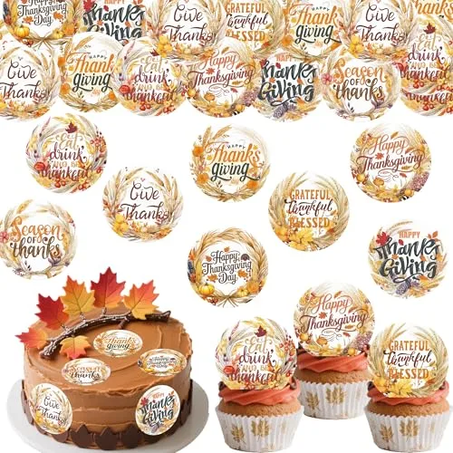 36PCS Edible Happy Fall Day Cupcake Toppers Wafer Paper Give Thanks Cake Decorations Edible Autumn Leaves Cupcake Picks for Autumn Party Birthday Decor Supplies