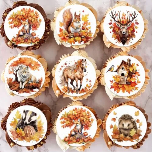 36PCS Edible Autumn Animal Cupcake Toppers Wafer Paper Thanksgiving Cake Decorations Edible Fall Leaves Cupcake Picks for Autumn Thanksgiving Party Birthday Decor Supplies