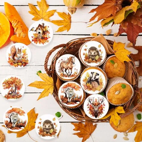 36PCS Edible Autumn Animal Cupcake Toppers Wafer Paper Thanksgiving Cake Decorations Edible Fall Leaves Cupcake Picks for Autumn Thanksgiving Party Birthday Decor Supplies