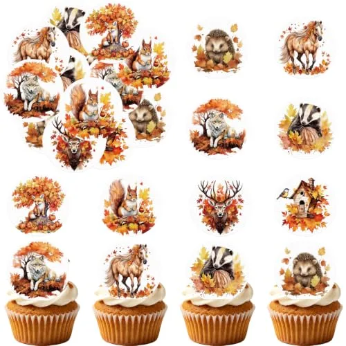 36PCS Edible Autumn Animal Cupcake Toppers Wafer Paper Thanksgiving Cake Decorations Edible Fall Leaves Cupcake Picks for Autumn Thanksgiving Party Birthday Decor Supplies