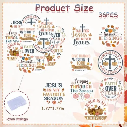 36PCS Edible Fall for Jesus He Never Leaves Cupcake Toppers Wafer Paper Thanksgiving Religious Christian Cake Decor Edible Fall Leaves Church Cupcake Picks for Autumn Party Supplies
