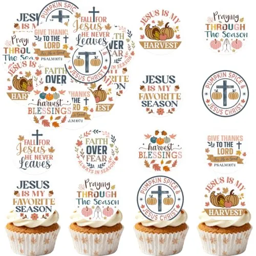 36PCS Edible Fall for Jesus He Never Leaves Cupcake Toppers Wafer Paper Thanksgiving Religious Christian Cake Decor Edible Fall Leaves Church Cupcake Picks for Autumn Party Supplies