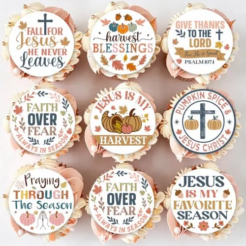 36PCS Edible Fall for Jesus He Never Leaves Cupcake Toppers Wafer Paper Thanksgiving Religious Christian Cake Decor Edible Fall Leaves Church Cupcake Picks for Autumn Party Supplies
