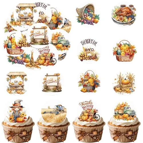 36PCS Edible Thanksgiving Day Cupcake Toppers Wafer Paper Autumn Food Cake Decorations Edible Pumpkins Cupcake Picks for Autumn Thanksgiving Party Birthday Decor Supplies