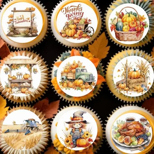 36PCS Edible Thanksgiving Day Cupcake Toppers Wafer Paper Autumn Food Cake Decorations Edible Pumpkins Cupcake Picks for Autumn Thanksgiving Party Birthday Decor Supplies