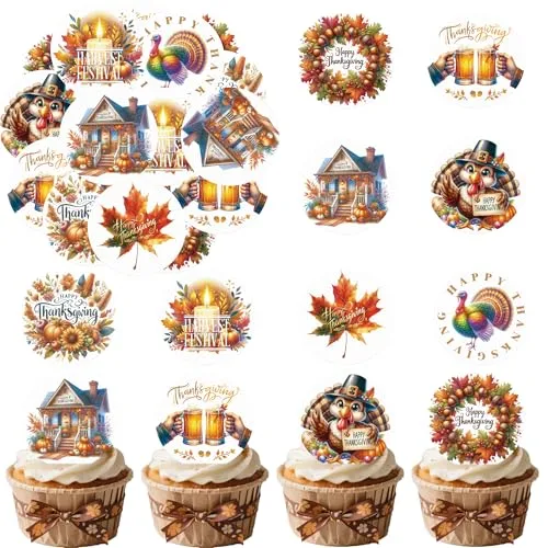 36PCS Edible Happy Thanksgiving Day Cupcake Toppers Wafer Paper Thanksgiving Cake Decorations Edible Turkey Cupcake Picks for Autumn Thanksgiving Party Birthday Decor Supplies