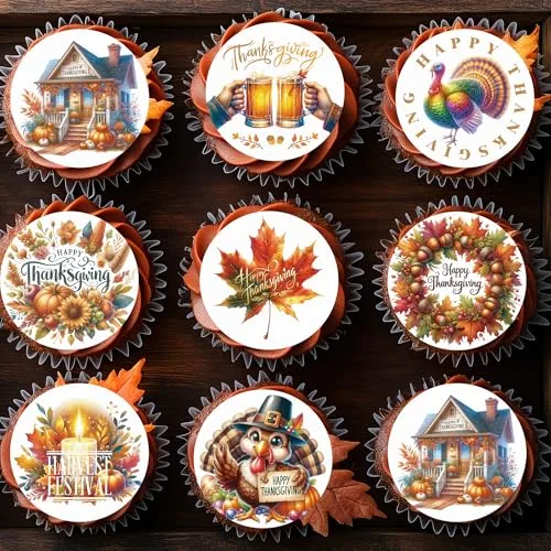 36PCS Edible Happy Thanksgiving Day Cupcake Toppers Wafer Paper Thanksgiving Cake Decorations Edible Turkey Cupcake Picks for Autumn Thanksgiving Party Birthday Decor Supplies