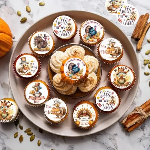 36PCS Edible Happy Turkey Day Cupcake Toppers Wafer Paper Turkey Cake Decorations Edible Give Thanks Cupcake Picks for Thanksgiving Party Birthday Decor Supplies