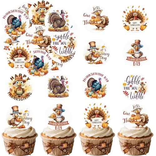 36PCS Edible Happy Turkey Day Cupcake Toppers Wafer Paper Turkey Cake Decorations Edible Give Thanks Cupcake Picks for Thanksgiving Party Birthday Decor Supplies