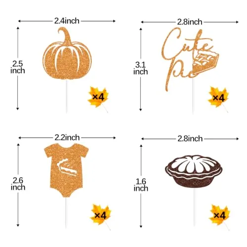16 PCS Glitter Cutie Pie Cupcake Toppers, Pumpkin Pie Baby Bodysuit Fall Baby Shower Party Decorations Supplies
