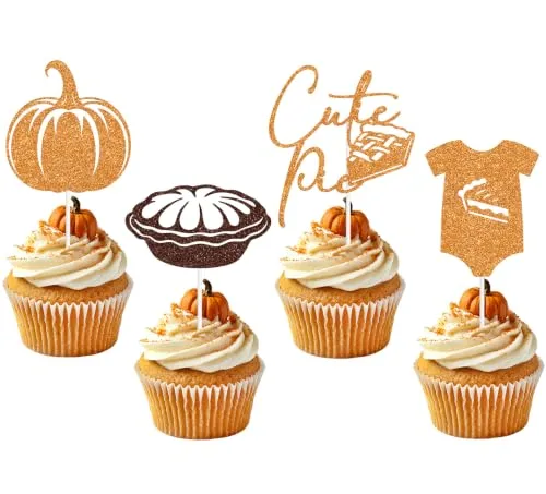 16 PCS Glitter Cutie Pie Cupcake Toppers, Pumpkin Pie Baby Bodysuit Fall Baby Shower Party Decorations Supplies
