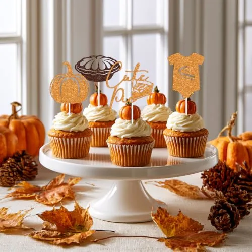 16 PCS Glitter Cutie Pie Cupcake Toppers, Pumpkin Pie Baby Bodysuit Fall Baby Shower Party Decorations Supplies