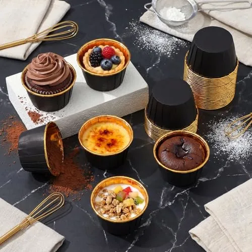 50 Pack Black Gold Cupcake Liners Bulk Disposable Foil Muffin Cup