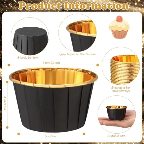 50 Pack Black Gold Cupcake Liners Bulk Disposable Foil Muffin Cup