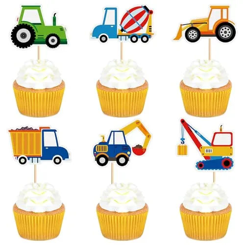 Ercadio 36 PCS Construction Vehicle Cupcake Toppers Picks Mixer Truck, Excavator, Dump Truck Birthday Decorations Cake Decor Construction Vehicle Themed Party Supplies