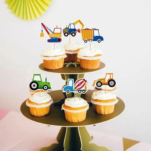 Ercadio 36 PCS Construction Vehicle Cupcake Toppers Picks Mixer Truck, Excavator, Dump Truck Birthday Decorations Cake Decor Construction Vehicle Themed Party Supplies