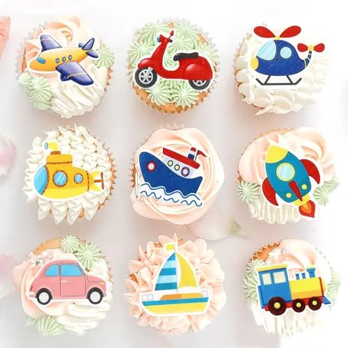 48Pcs Edible Transportation Cupcake Toppers Edible Cartoon Airplane Train Vehicle Boat Tractor Cupcake Picks for Baby Shower Boys Girls Transporation Birthday Party Decorations