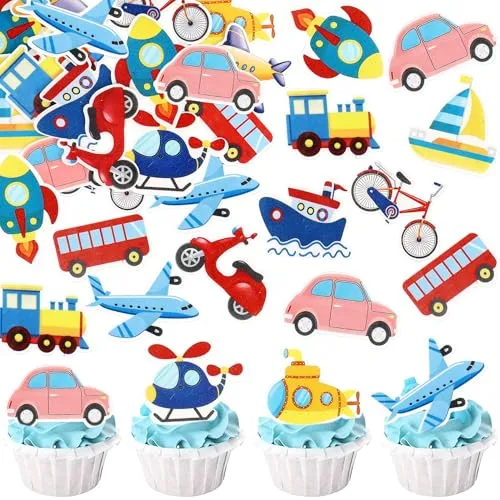 48Pcs Edible Transportation Cupcake Toppers Edible Cartoon Airplane Train Vehicle Boat Tractor Cupcake Picks for Baby Shower Boys Girls Transporation Birthday Party Decorations
