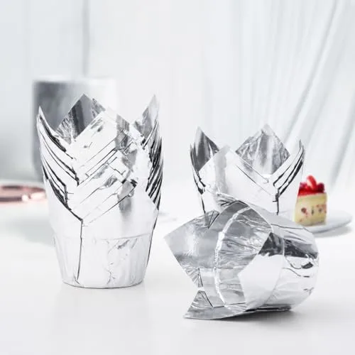 Party Hippo Gold Tulip Cupcake Liners 50 Count Baking Paper Cups Holders Greaseproof Muffin Cases Wrappers for Wedding Birthday Party Baby Shower