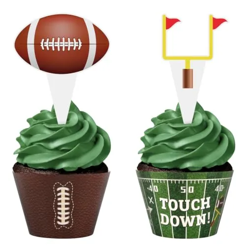 Hooqict 48 Pack Football Cupcake Toppers and Wrappers Football Cake Decorations Cupcake Liners for Game Day Sports Themed Birthday Party Decorations Tailgate Party Supplies