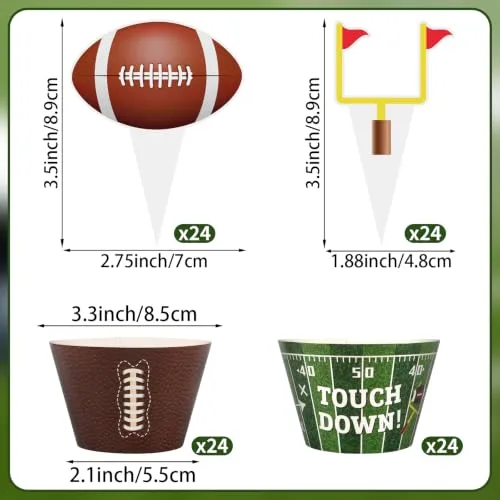 Hooqict 48 Pack Football Cupcake Toppers and Wrappers Football Cake Decorations Cupcake Liners for Game Day Sports Themed Birthday Party Decorations Tailgate Party Supplies