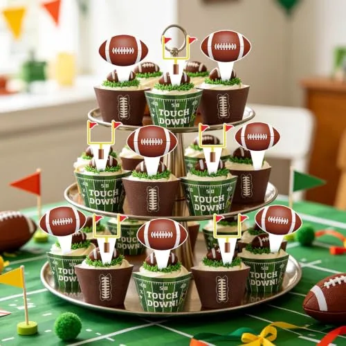Hooqict 48 Pack Football Cupcake Toppers and Wrappers Football Cake Decorations Cupcake Liners for Game Day Sports Themed Birthday Party Decorations Tailgate Party Supplies