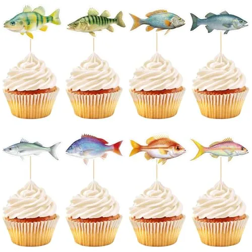 40 Pcs Fish Cupcake Toppers Go Fishing Cake Picks Tropical Under The Sea Theme for Kids Birthday Baby Shower Luau Beach Pool Party Decorations