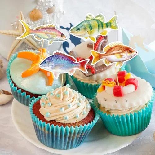 40 Pcs Fish Cupcake Toppers Go Fishing Cake Picks Tropical Under The Sea Theme for Kids Birthday Baby Shower Luau Beach Pool Party Decorations