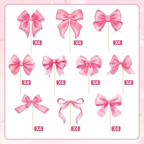 40 Pcs Pink Coquette Bow Cupcake Toppers Bow Knot Cupcake Picks Princess Cake Decorations for Girls Women Bridal Wedding Baby Shower Birthday Party Supplies