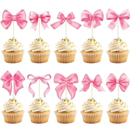 40 Pcs Pink Coquette Bow Cupcake Toppers Bow Knot Cupcake Picks Princess Cake Decorations for Girls Women Bridal Wedding Baby Shower Birthday Party Supplies