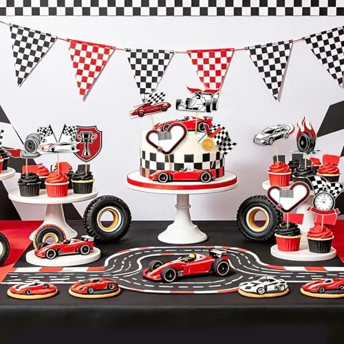 40 Pcs Race Car Cupcake Toppers Hot Wheels Birthday Decorations Checkered Flag Cupcake Picks for Car Theme Birthday Baby Shower Party Supplies