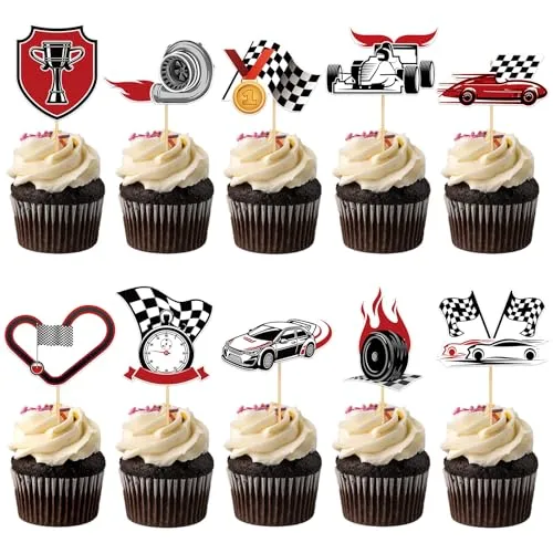 40 Pcs Race Car Cupcake Toppers Hot Wheels Birthday Decorations Checkered Flag Cupcake Picks for Car Theme Birthday Baby Shower Party Supplies