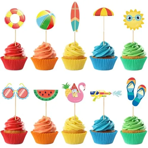 40 Pcs Summer Beach Cupcake Toppers Pool Party Decorations Beach Balls Sun Watermelon Sunglasses Slippers Hawaiian Cupcake Picks for Tropical Luau Birthday Party Cake Decoration Supplies