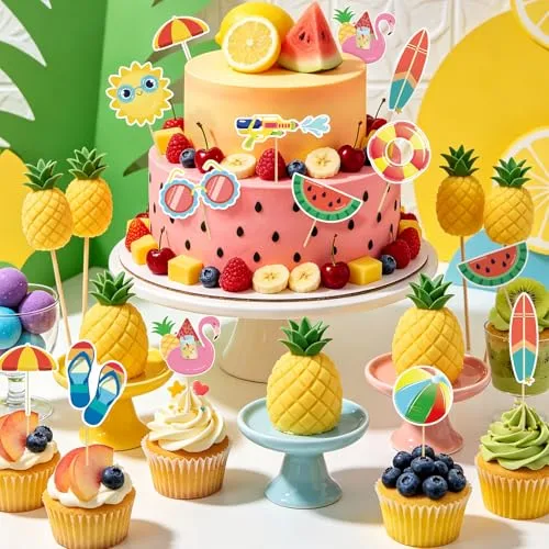 40 Pcs Summer Beach Cupcake Toppers Pool Party Decorations Beach Balls Sun Watermelon Sunglasses Slippers Hawaiian Cupcake Picks for Tropical Luau Birthday Party Cake Decoration Supplies