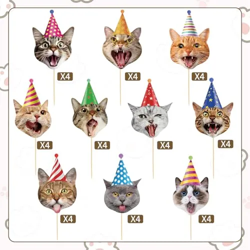 40 Pcs Cat Cupcake Toppers Cats Face Birthday Cupcake Picks Pet Cat Cake Decorations for Kids Kitten Theme Baby Shower Party Supplies