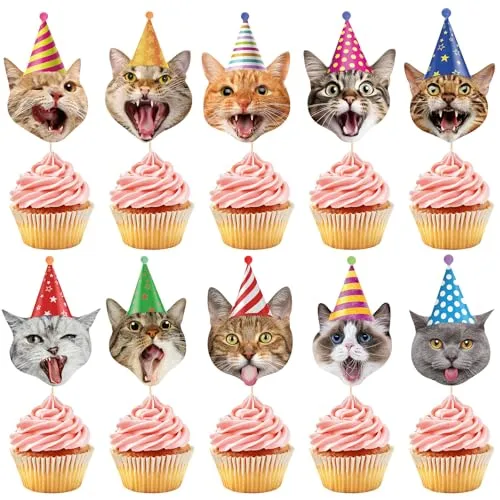 40 Pcs Cat Cupcake Toppers Cats Face Birthday Cupcake Picks Pet Cat Cake Decorations for Kids Kitten Theme Baby Shower Party Supplies