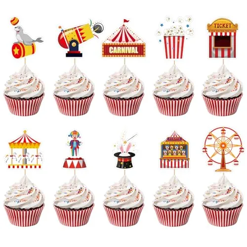 40 Pcs Circus Cupcake Toppers Carnival Birthday Cake Decorations Clown Popcorn Ticket Booth Cupcake Picks for Kids Circus Theme Birthday Baby Shower Party Supplies