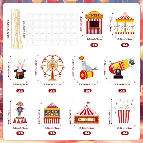 40 Pcs Circus Cupcake Toppers Carnival Birthday Cake Decorations Clown Popcorn Ticket Booth Cupcake Picks for Kids Circus Theme Birthday Baby Shower Party Supplies