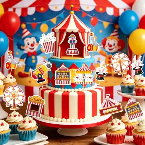 40 Pcs Circus Cupcake Toppers Carnival Birthday Cake Decorations Clown Popcorn Ticket Booth Cupcake Picks for Kids Circus Theme Birthday Baby Shower Party Supplies