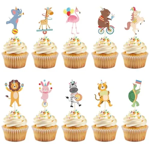 40 Pcs Circus Animals Cupcake Toppers Carnival Animals Cupcake Picks Safari Jungle Cake Decorations for Carnival Circus Theme Birthday Baby Shower Party Supplies