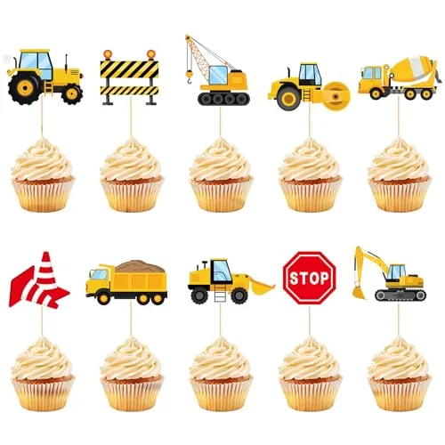 40 Pcs Construction Cupcake Toppers Construction Birthday Cake Decorations Stop Sign Truck Excavator Tractor Cupcake Picks for Kids Birthday Baby Shower Party Supplies