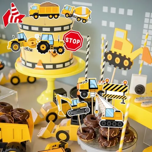 40 Pcs Construction Cupcake Toppers Construction Birthday Cake Decorations Stop Sign Truck Excavator Tractor Cupcake Picks for Kids Birthday Baby Shower Party Supplies