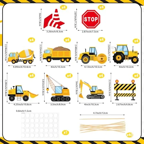 40 Pcs Construction Cupcake Toppers Construction Birthday Cake Decorations Stop Sign Truck Excavator Tractor Cupcake Picks for Kids Birthday Baby Shower Party Supplies